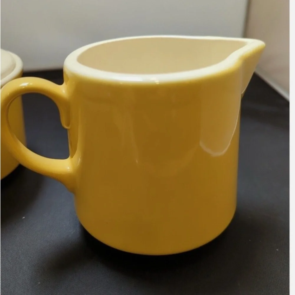 Mid Century USA Yellow and White Creamer and Sugar Bowl w/ Lid Set